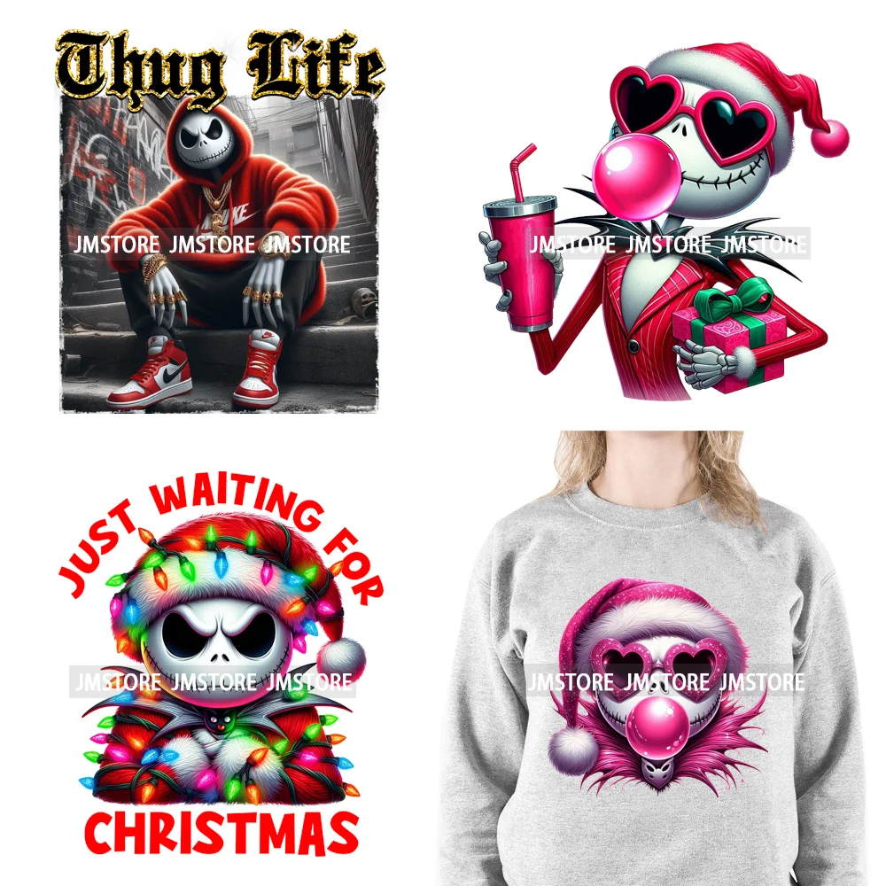 Horror Pink Christmas Bright Light Blowing Bubble Cartoon Character Iron On DTF Transfers Stickers Ready To Press For Hoodies