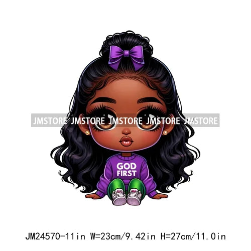 Cute God First Chibi Black Baby Girl Afro Magic Kids Coffee Woman Iron On DTF Transfer Stickers Ready To Press For Clothes Bags