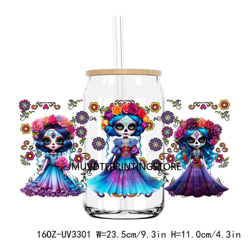 Mexican Sugar Skull And Rose Woman 16OZ UV DTF Cup Wrap Transfer Stickers Custom Labels DIY Waterproof Logo For Libbey Glass Can