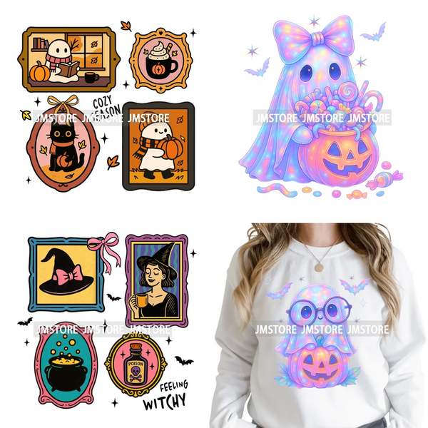 Funny Halloween Postage Stamp Neon Ghost Pumpkin Coquette Iron on DTF Washable Transfers Stickers Ready to Press for T-shirts