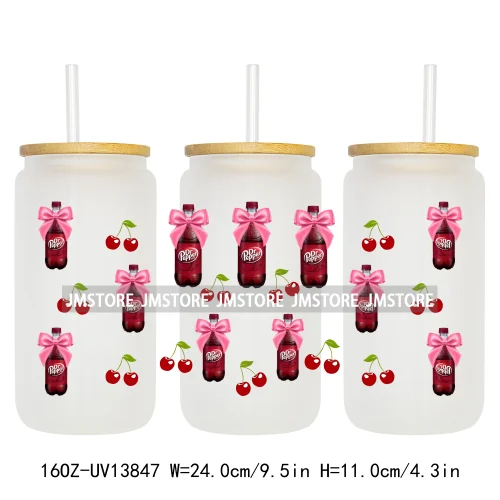 Soft Drink Pink Bow Coquette Strawberry UV DTF Wraps Transfer Sticker Selfadhesive Waterproof  For 16OZ Libbey Glass Can Tumbler