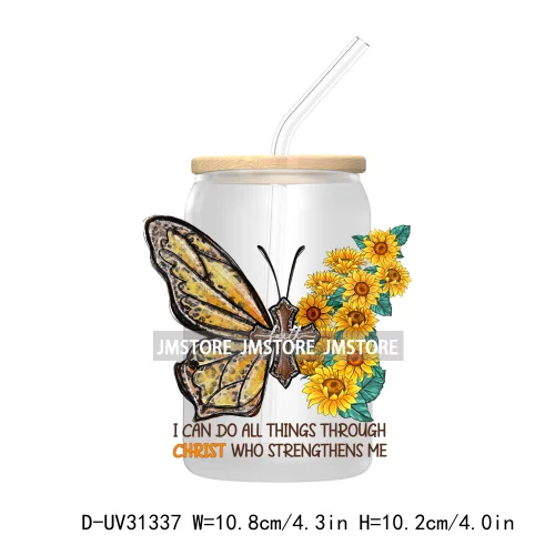 Christian Faith God Blessed Sunflowers Butterfly UV Sticker Decals For Libbey Cold Cup Mug Tumbler Transfer Stickers Bible Verse