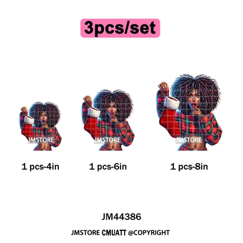 Sassy Afro Women Quirky Girls Santa Christmas Attitude Iron on Washable DTF Heat Transfers Stickers Ready to Press for Textiles