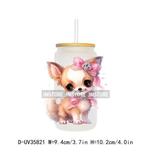 Cute Puppy Coquette Bow Baby Dog UV DTF Transfer Stickers Decals Ready To Apply Waterproof For 16OZ Libbey Glass Can Cup Tumbler