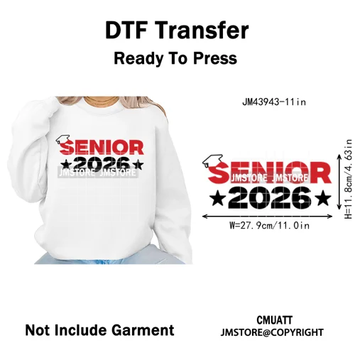 College Mega Senior 2K26 Coquette Class of 2026 Iron on Washable DTF Heat Transfers Stickers Ready to Press for Textiles Bags
