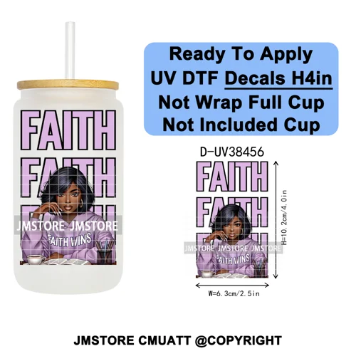 Black Girl Praying Faith Religious Women UV DTF Transfer Stickers Decals Ready To Apply Waterproof For 16OZ Libbey Glass Can Cup