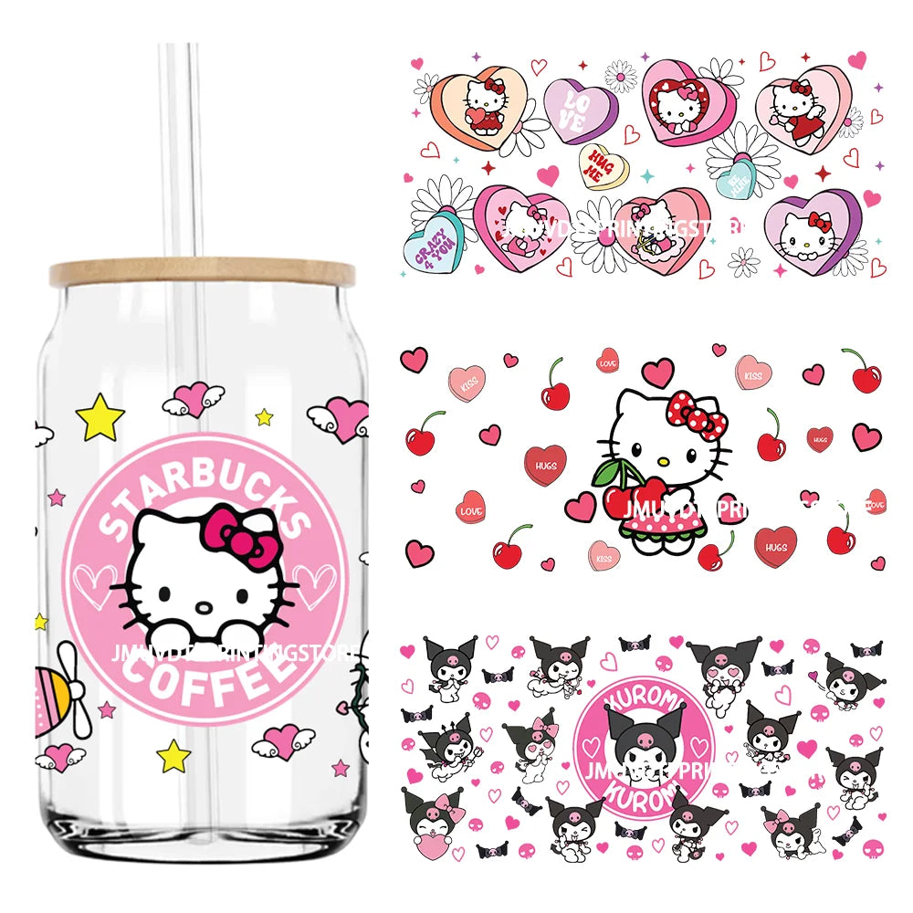 Hello Coffee Cat 16OZ UV DTF Cup Wrap Transfer Stickers Cartoon Valentine Custom Labels DIY Waterproof Logo For Libbey Glass Can