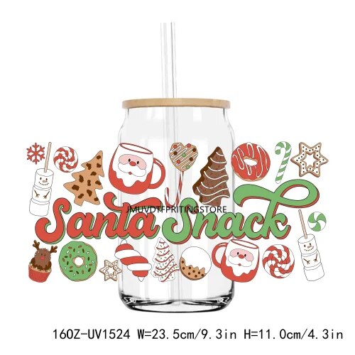 Christmas Santa Gingerbread 16OZ UV DTF Cup Wrap Transfer Sticker Custom Labels DIY Durable Waterproof Logo For Libbey Glass Can