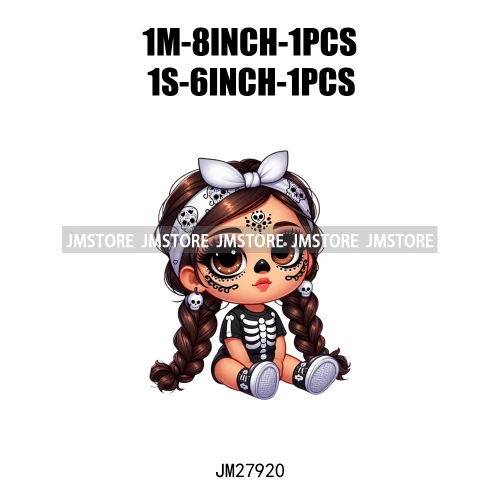 Halloween Skeleton Latina Baby Chibi Hispanic Girls Spooky Season DTF Iron On Transfers Stickers Ready To Press For Clothing