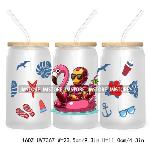 Hero Cartoon Summer Vacation 16OZ UV DTF Cup Wrap Transfers Stickers Custom Labels Durable Waterproof Logo For Libbey Glass Can