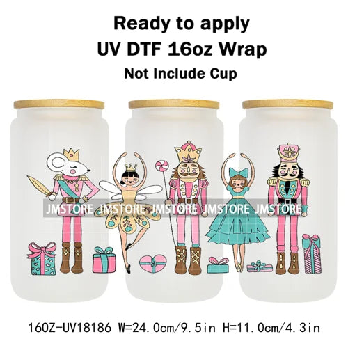 Faux Glitter Preppy Nutcracker Christmas UV DTF Cup Wrap Ready To Apply Transfer Sticker 16OZ Tumbler Wraps For Libbey Glass Can