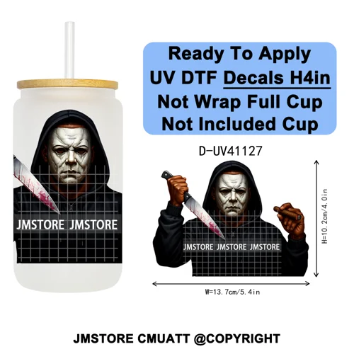 Black Horror Dad Halloween Spooky Daddy UV DTF Decals Ready To Apply Waterproof Transfer Stickers For 16OZ Libbey Glass Can Cups