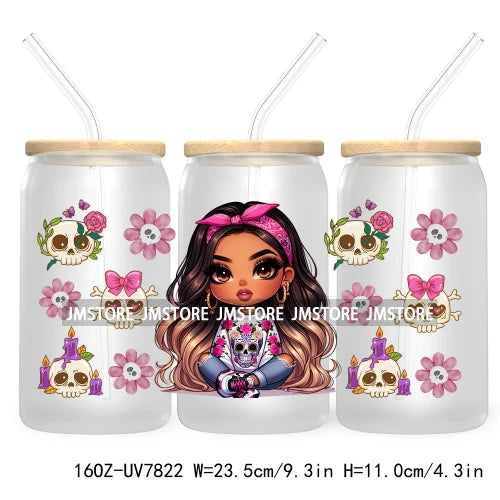 Cute Chibi Mexican Latina Baby Girl 16OZ UV DTF Cup Wrap Transfers Stickers For Libbey Glass Can Cups Tumbler Waterproof Skulls