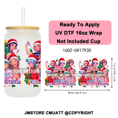Kpop Demon Inspired Movie Christmas Santa Hat 16OZ UV DTF Cup Wrap Ready To Apply Durable Transfer Stickers For Libbey Glass Can