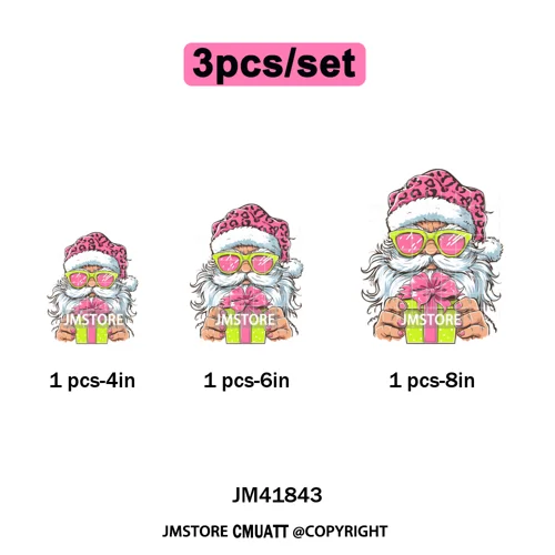Pink Cartoon Glasses Coffee Drink Leopard Blowing Santa Claus Christmas Iron on DTF Transfer Stickers Ready to Press for T-shirt