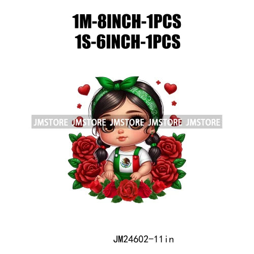 Cute Chibi Mexican Girl Designs Hispanic Red Rose Green Coquette Bow Latina Princess Iron On DTF Transfers Stickers For T-shirts