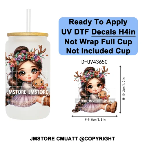 Floral Christmas Latina Chibi Girl UV DTF Transfer Stickers Decals Ready To Apply Good Quality Prints For Libbey Cold Cup Mugs