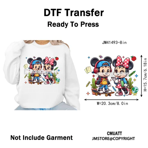 Cartoon Movie Friends Princess Back to School Teacher Learn Iron on DTF Washable Transfer Sticker Ready to Press for Kid Hoodies