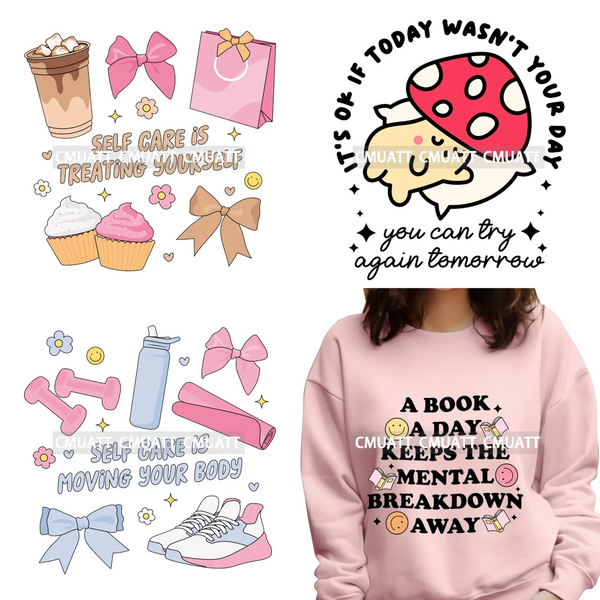 Self Care Club Motivational Book Lover Positive Quotes Good Thinking Iron On DTF Transfers Stickers Ready To Press T-shirts Bags