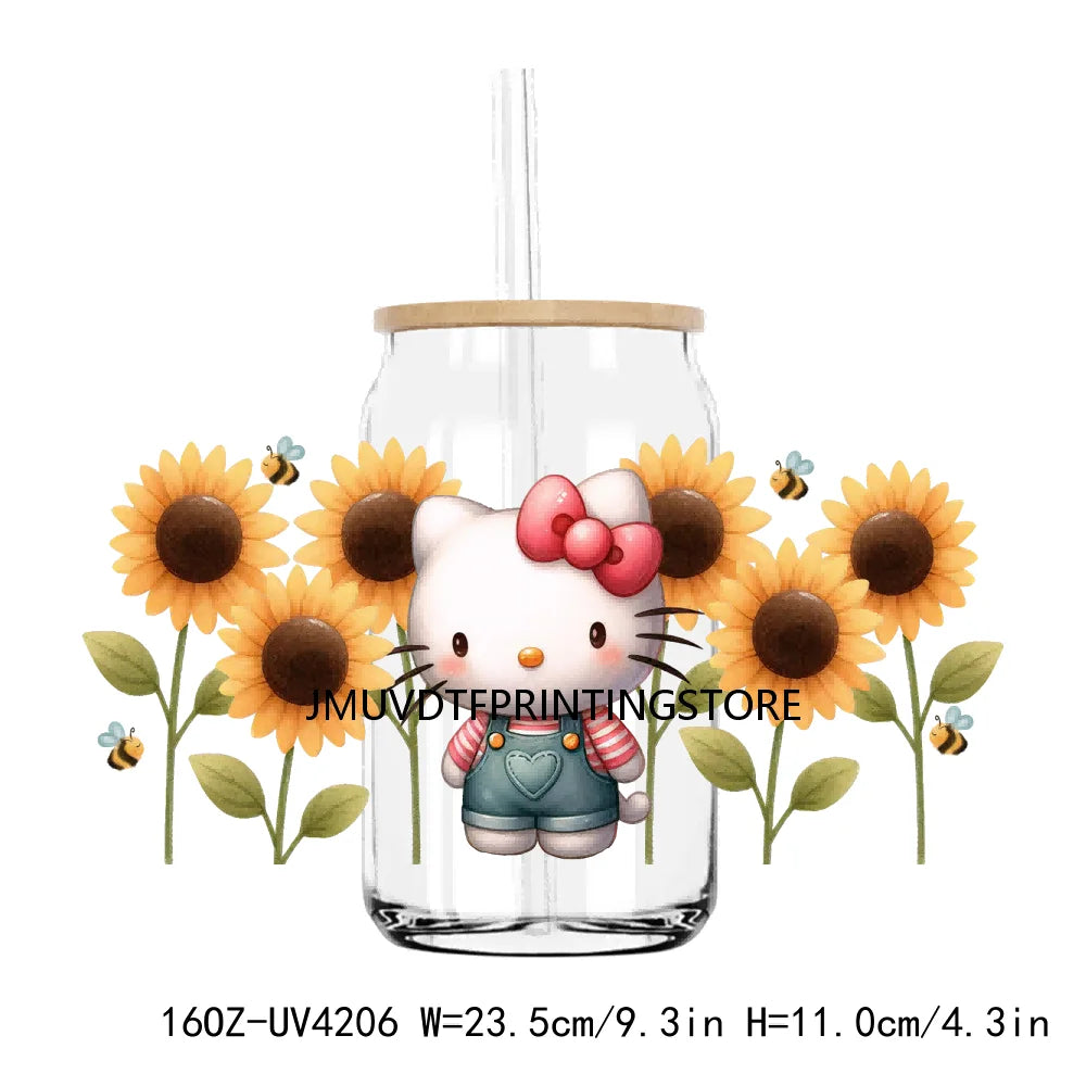 Cute Mexican Cartoon Cat With Flowers UV DTF Sticker For 16OZ Libbey Glass Cup Can Wrap Transfer Sticker Custom Labels DIY Logo