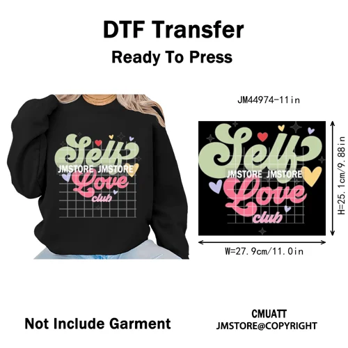 Self Love Club Mental Health Quotes Positive Inspirational Iron on Washable DTF Transfers Stickers Ready to Press for Clothing