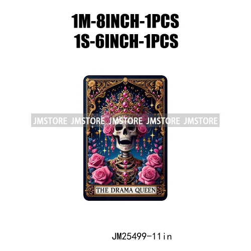 New Drama Queen Teacher Reader Smoker Flower Skull Humor Gothic Tarot Card DTF Iron On Heat Press Transfer Stickers For Clothing