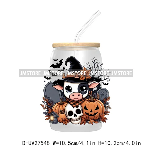 Cartoon Halloween Highland Cow UV DTF Transfer Stickers Decals For Libbey Cold Cups Mug Tumbler High Quality Labels Spooky Skull