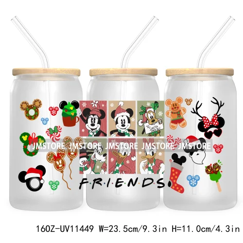 Merry Christmas Cartoon Couple 16OZ UV DTF Cup Wrap Ready To Apply For Libbey Glass Can Cup Tumbler Gingerbread Candy Cane Mouse