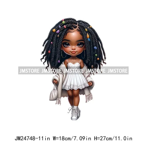 Dreadlocks Coffee Chibi Black Girls Pink Fashion African American Denim Girl Iron On DTF Heat Press Transfer Stickers For Shirts