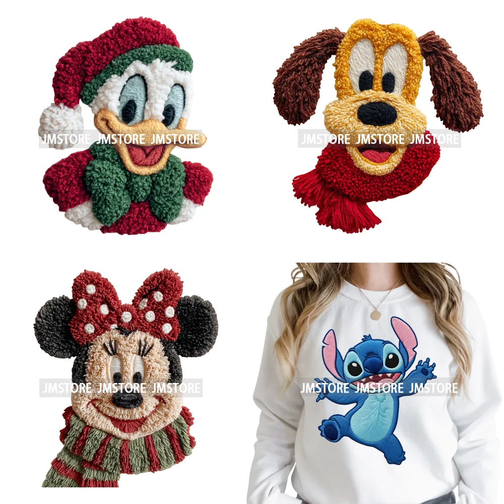 Scarf Christmas Cartoon Movie Mouse Friends Faux Yarn Embroidery Iron on DTF Transfers Stickers Ready to Press for Sweatshirts