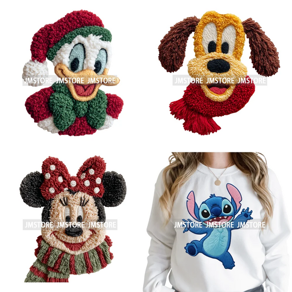 Scarf Christmas Cartoon Movie Mouse Friends Faux Yarn Embroidery Iron on DTF Transfers Stickers Ready to Press for Sweatshirts