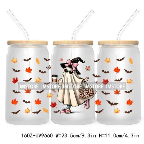 Spooky Ghost Fall Halloween Pumpkin Season UV DTF Sticker For 16OZ Libbey Glass Cup Can Autumn Leaves Wrap Transfer Stickers