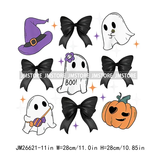 Colorful Halloween Spooky Season Cute Ghost Pumpkin Girly Coquette Bow DTF Iron On Transfers Stickers Ready To Press For T-shirt