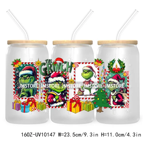 Christmas Coffee Cups Green Guy 16OZ UV Cup Wrap DTF Transfer Stickers For Libbey Glass Can Cup Tumbler Waterproof Label Cartoon