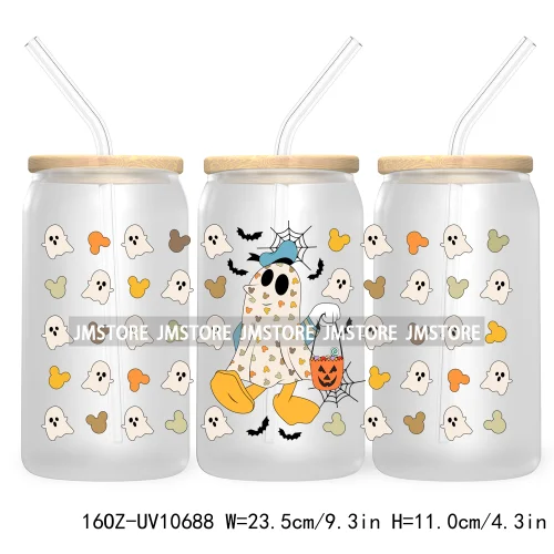 Fall Pumpkin Halloween Season 16OZ UV Cup Wrap DTF Transfer Stickers For Libbey Glass Can Cups Tumbler Cute Cartoon Mouse Ghost