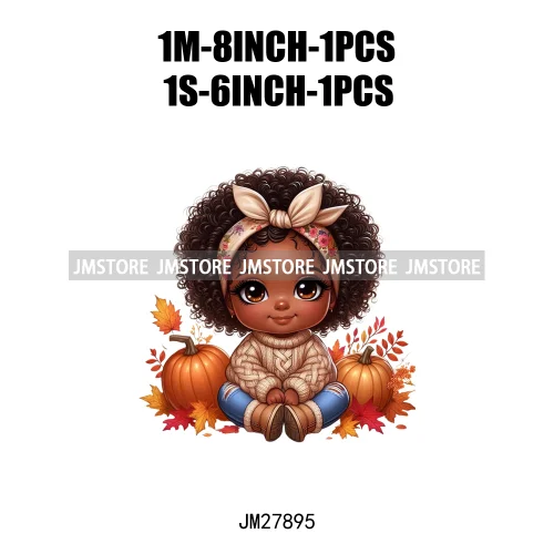 New Autumn Chibi Black Baby Girls Cartoon Afro Princess Pumpkin Fall Season DTF Iron On Heat Press Transfer Stickers For Hoodies