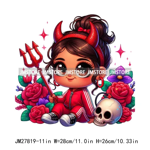 Chibi Cute Halloween Devil Latina Baby Hispanic Girls Skull Red Rose DTF Iron On Transfer Stickers Ready To Press For Sweatshirt