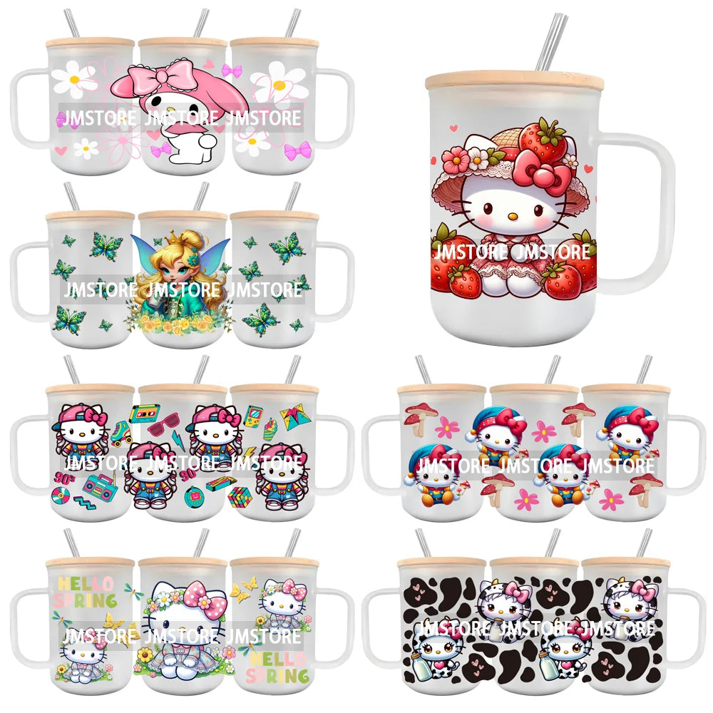 Strawberry Cartoon Hello Cat UV DTF Sticker For 15OZ Mug Libbey Glass Cup Can Wrap Transfer Sticker Custom Labels DIY Logo Cow