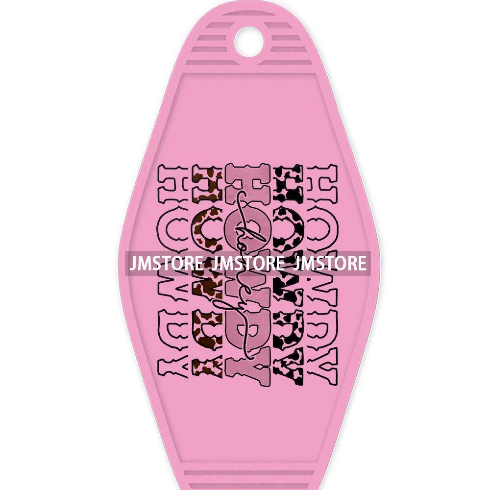 Pink Cowgirl Valentine's Day Candy Hearts High Quality WaterProof UV DTF Sticker For Motel Hotel Keychain Leopard Love Vibes