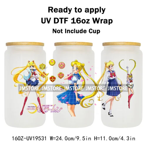 Sailor Girls Inspired Anime Fan Cartoon Characters UV DTF Transfer Sticker Cup Tumbler Wrap For 16OZ Libbey Glass Wraps Bottle