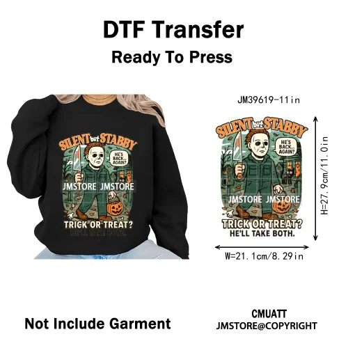 Scary Cartoon Halloween Horror Movies Trick Or Treat Logo Iron on DTF Washable Transfer Sticker Ready to Press for T-shirts Bags