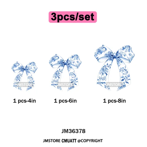 Blue And White Toile Chinoiserie Floral Coquette Bow Thermal Decals Iron on DTF Transfers Stickers Ready to Press for Clothing