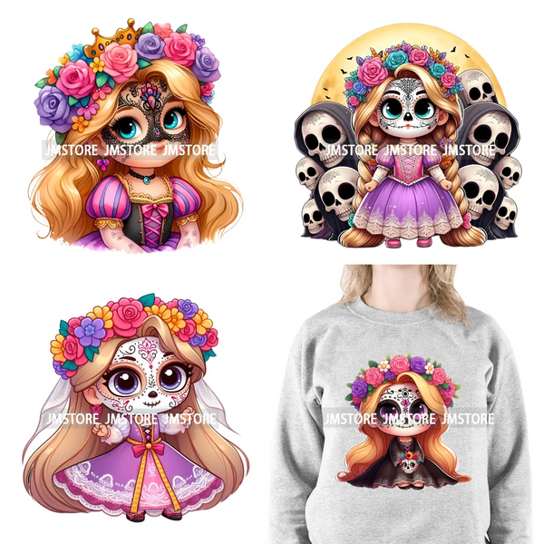 Washable Day Of The Dead La Catrina Dolls Designs Cartoon Princess Hispanic Girly Iron On DTF Transfers Stickers For Hoodies