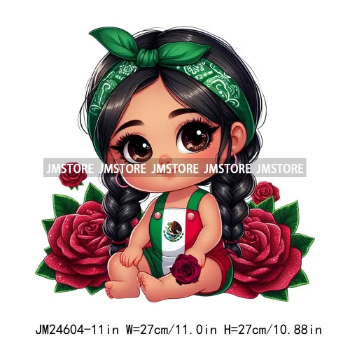 Cute Chibi Mexican Girl Designs Hispanic Red Rose Green Coquette Bow Latina Princess Iron On DTF Transfers Stickers For T-shirts