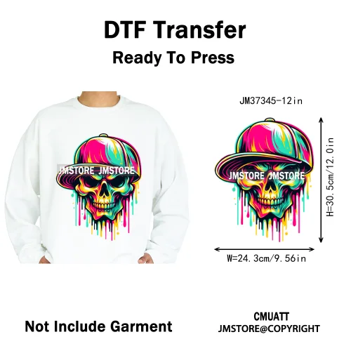 12in Colorful Graffiti Streetwear Skeleton Game Over Iron on DTF Thermal Transfers Stickers Printing Ready to Press for T-shirts