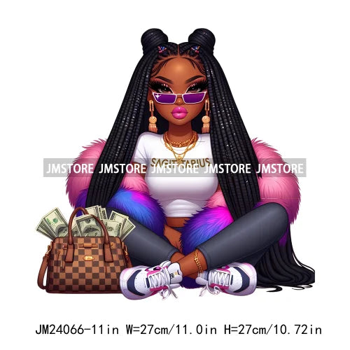 Afro Girl With Purse Money Zodiac Astrology Horoscope Urban Hip Hop Rich Black Melanin Iron On DTF Transfer Stickers For Hoodies