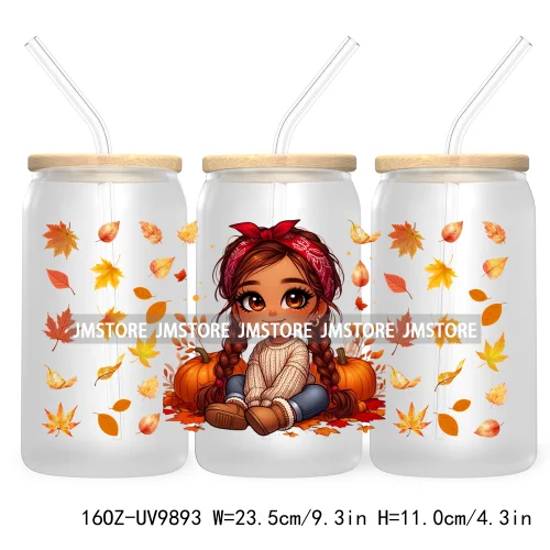 Mexican Latina Chibi Autumn Baby Girl UV DTF Sticker For 16OZ Libbey Glass Cup Can Wrap Transfer Stickers Custom Labels DIY Logo