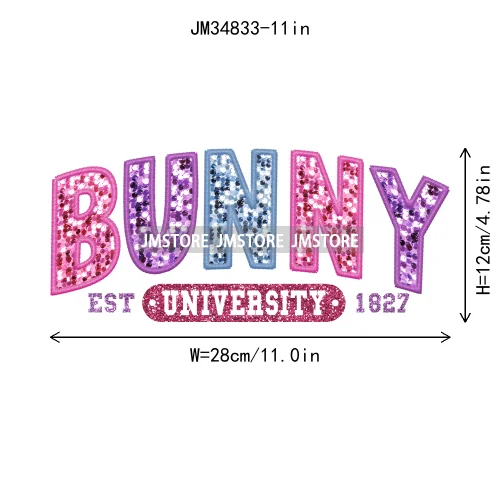 Colorful Faux Sequin Glitter Happy Easter Bunny University Letters Iron On DTF Transfers Stickers Ready To Press For Hoodies