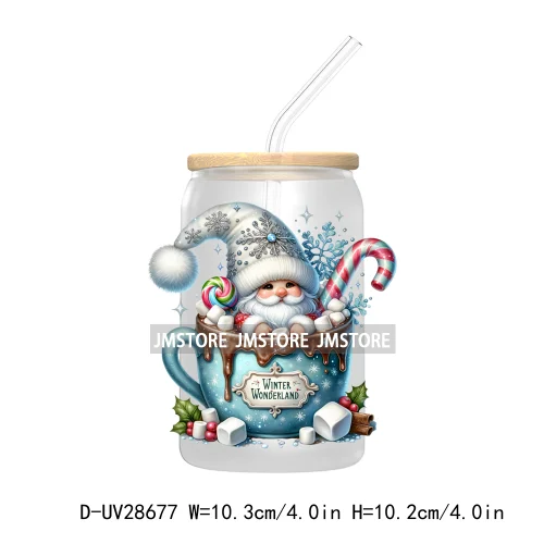 Festive Christmas Gnome Candy Cane UV DTF Transfer Stickers Decals For Libbey Cold Cups Mugs Tumbler Labels Cartoon Characters