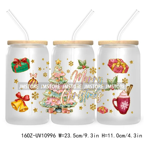 Coquette Glitter Holly Jolly Christmas Tree UV DTF Cup Wrap For Libbey Glass Can Transfer Stickers Waterproof Custom Labels Gift